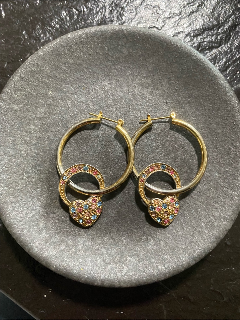 Gold Hoop Earrings with Multicolor Crystal Heart Charms